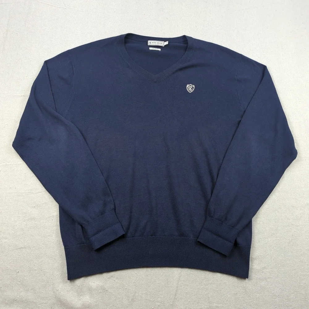 Peter Millar Sweater Mens Large Navy Blue Silk Cotton Cashmere Knit V-Neck‎ Logo